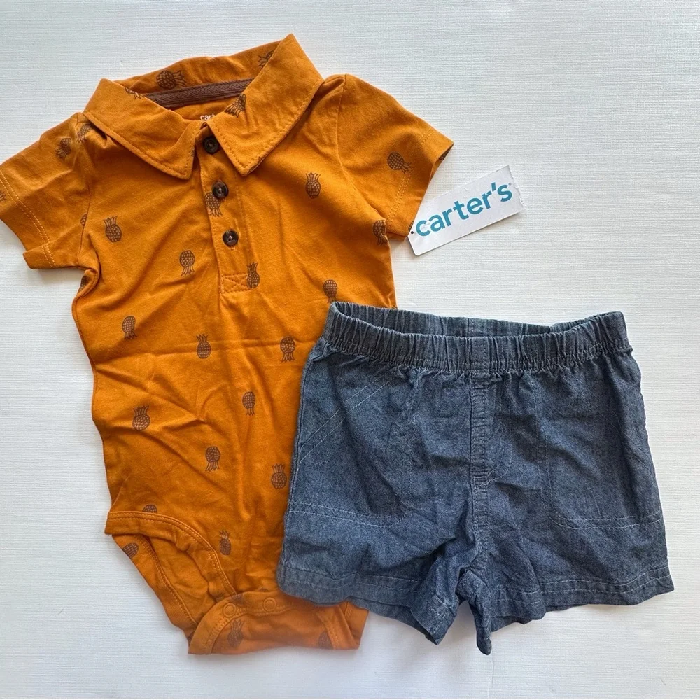 Carters‎ Two Piece Orange Pineapple Bodysuit Shorts Outfit Baby Boy 9m NWT